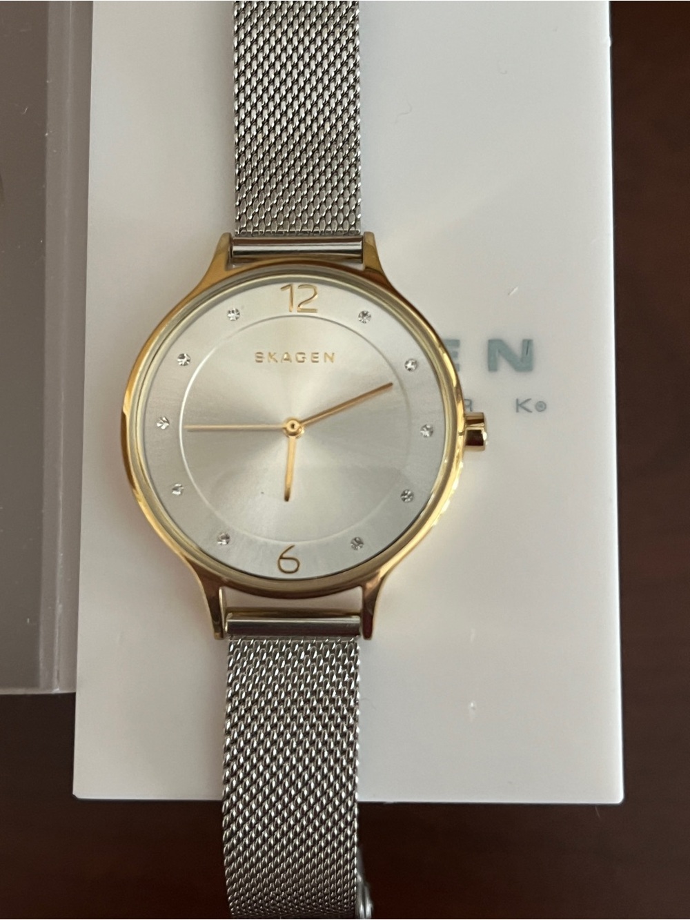 Skagen Two-Tone Silver Dial Gold Bezel Mesh Strap Women's Watch